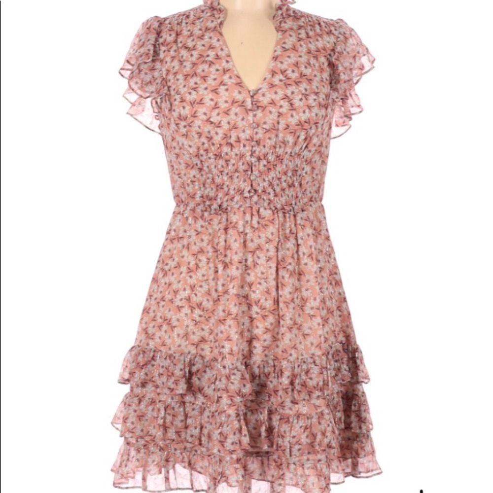 REBECCA TAYLOR FLORAL SHORT SLEEVE RUFFLE DRESS